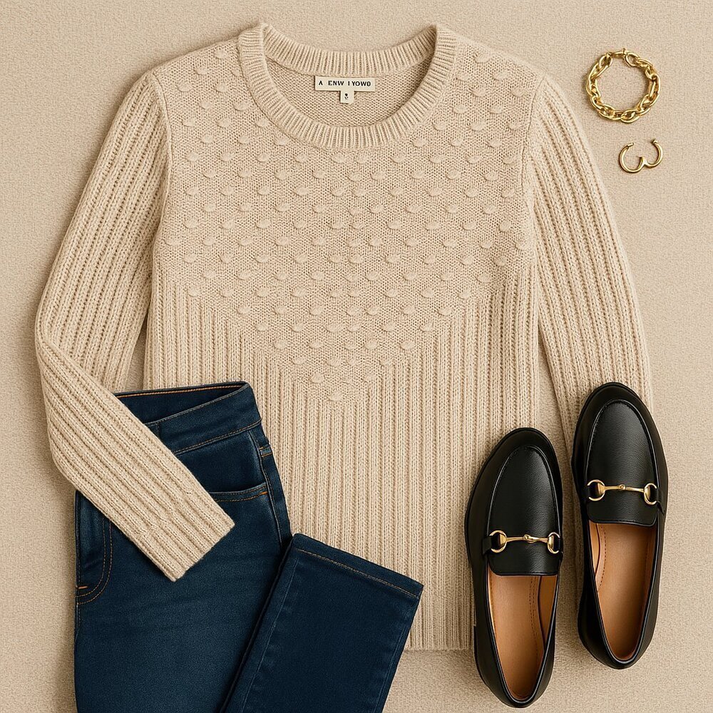 41 Hawthorn Oatmeal Textured Knit Pullover Sweater | Neutral Ribbed Crewneck | M